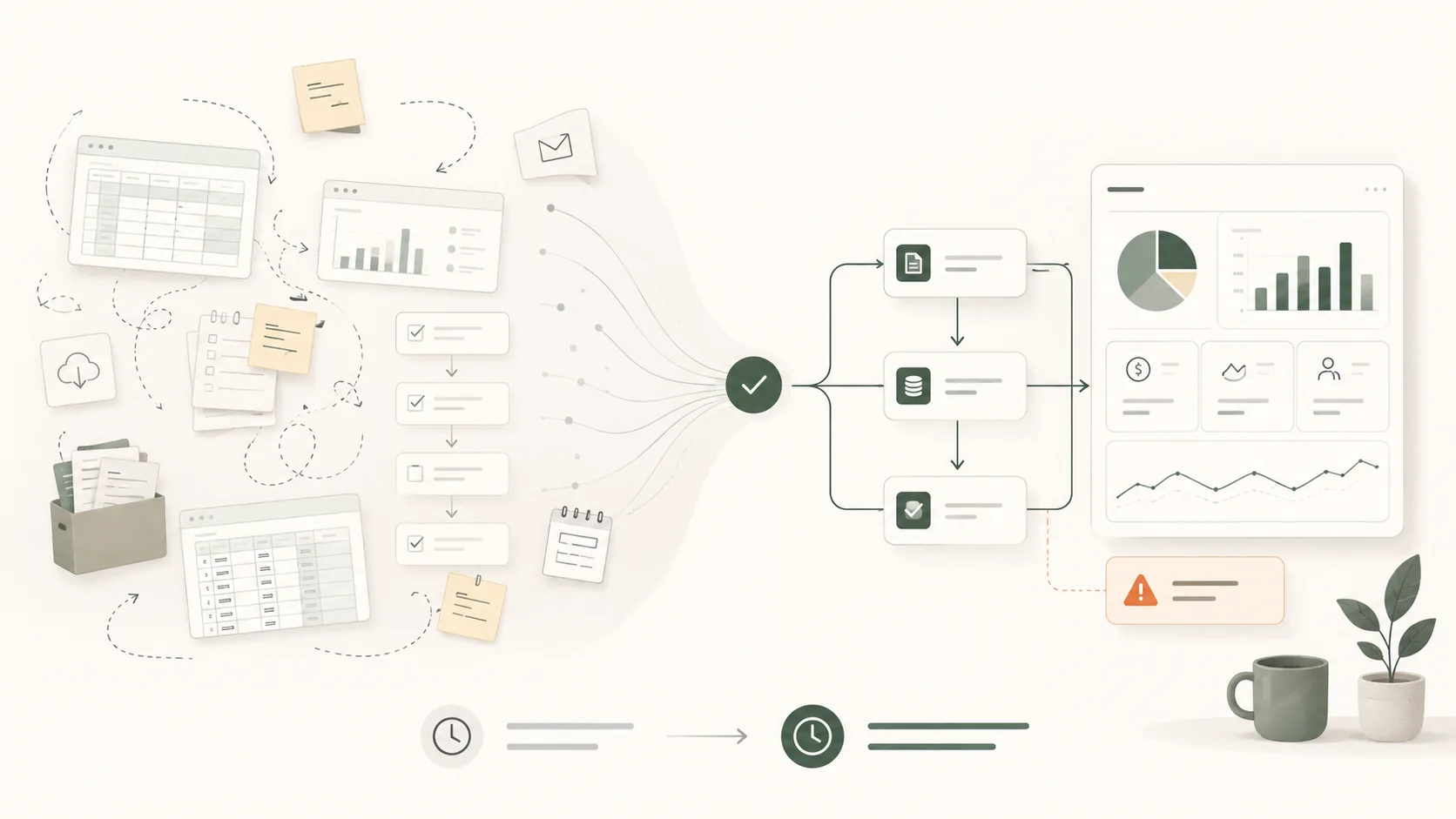 Illustration showing scattered manual spreadsheets, reports and tasks becoming a simpler automated workflow with useful reporting and exception alerts.