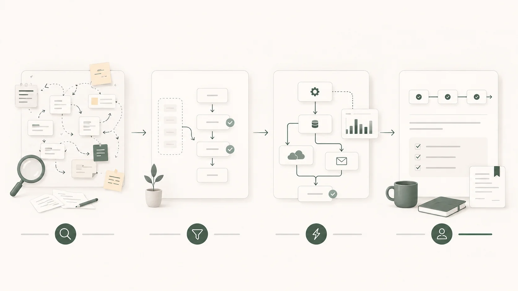 Four-stage illustration showing understand, simplify, automate and hand over as a connected workflow improvement process.