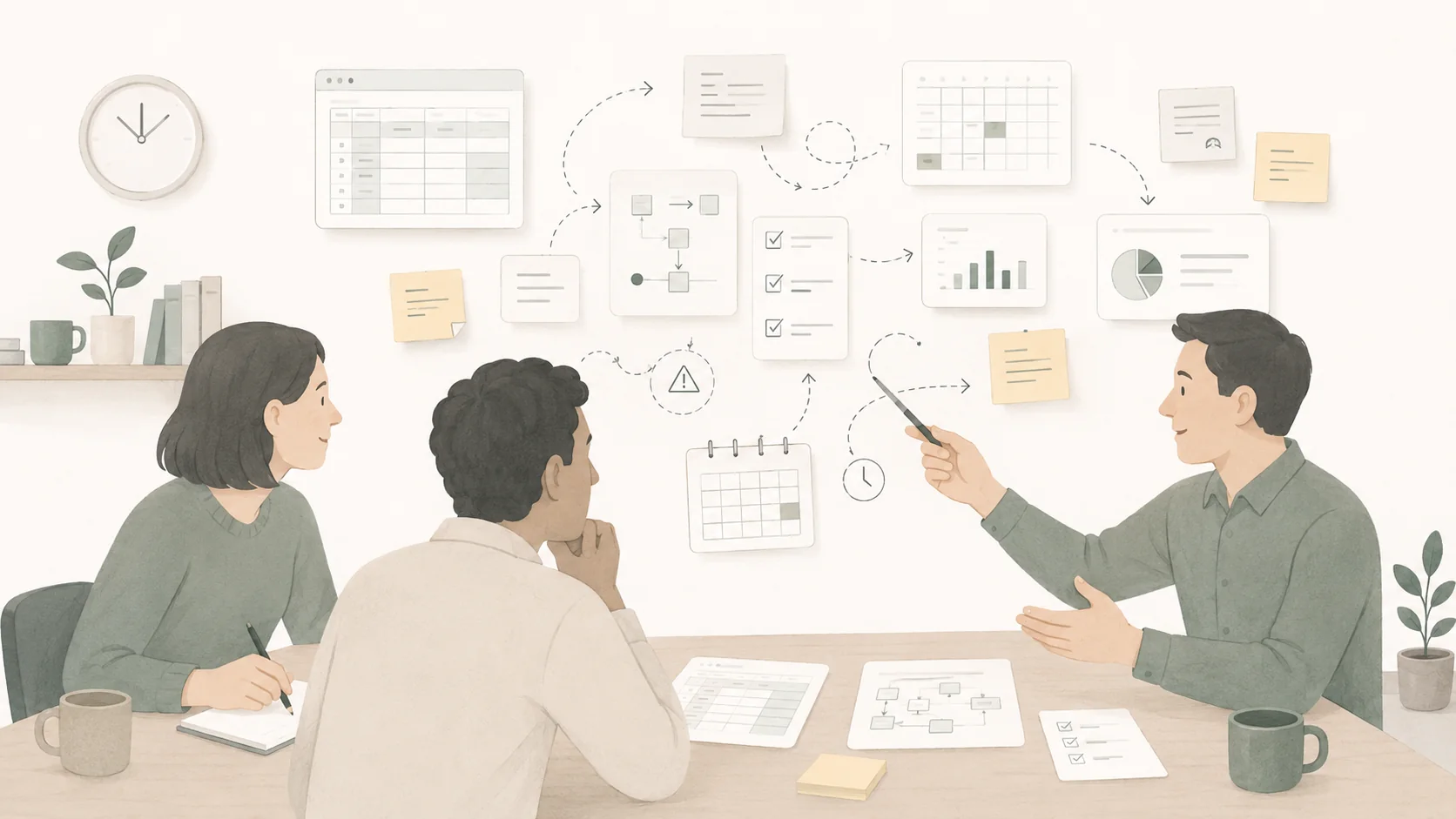 Illustration of a small business workflow review, with people mapping processes, notes, spreadsheets, hand-offs and recurring tasks together.